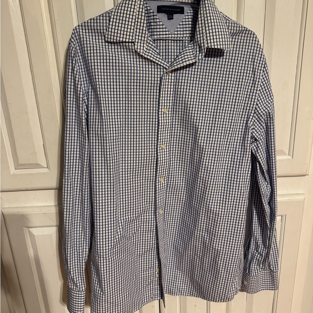 Tommy Hilfiger Men's Blue and White Checkered Dress Shirt